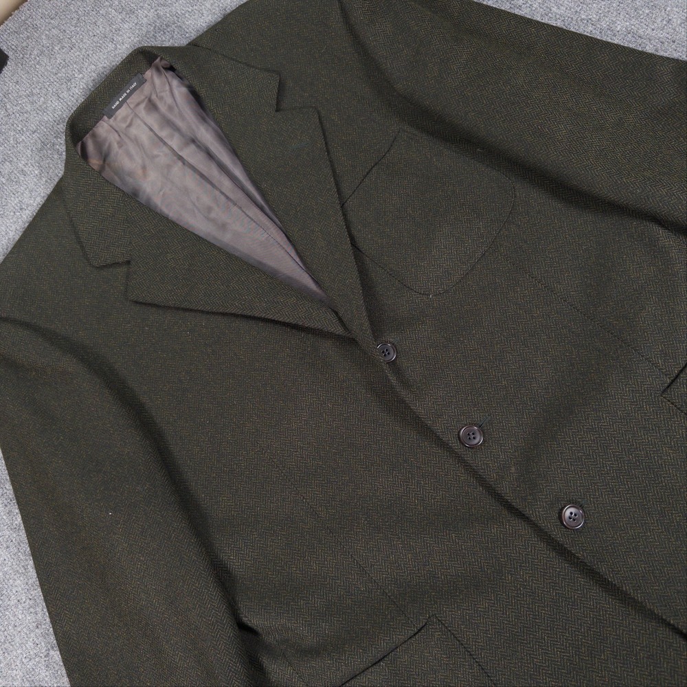 R. Caruso Sartoria Parma Green Herringbone Wool Blazer Made in Italy Size 58 IT